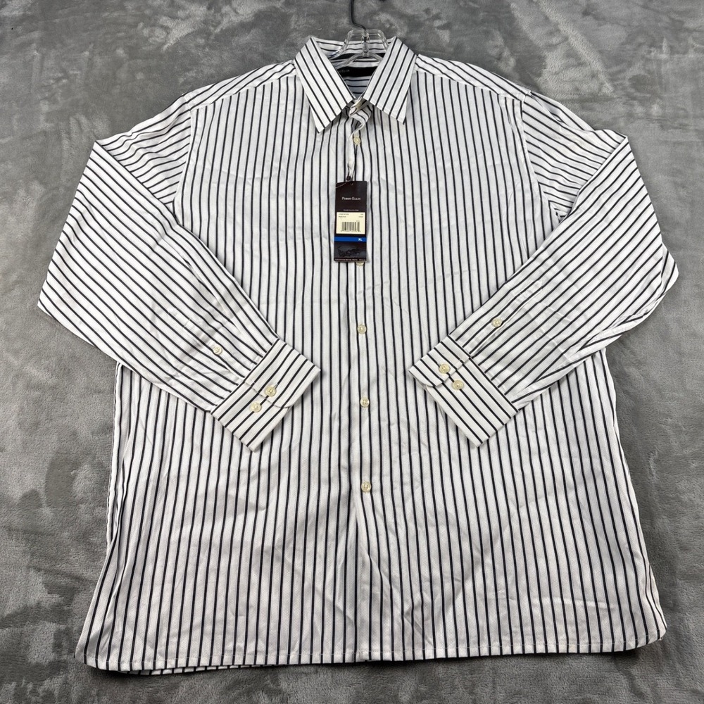 Perry Ellis Principles Mens XL White Black Striped Button Down Cotton‎ Shirt NEW